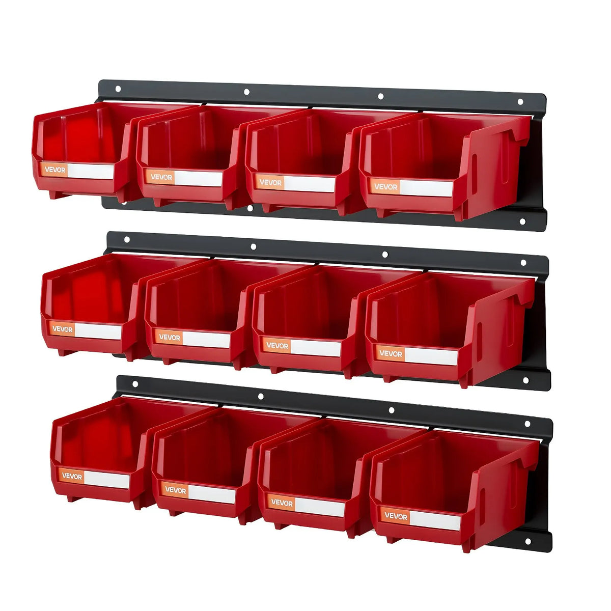 VEVOR Wall-Mounted Storage Box Set, 12 Plastic Boxes and 3 Metal Rails, Hanging and Stackable Boxes for Screws, Bolts, Nails and Equipment, Workshop and Garage, Red