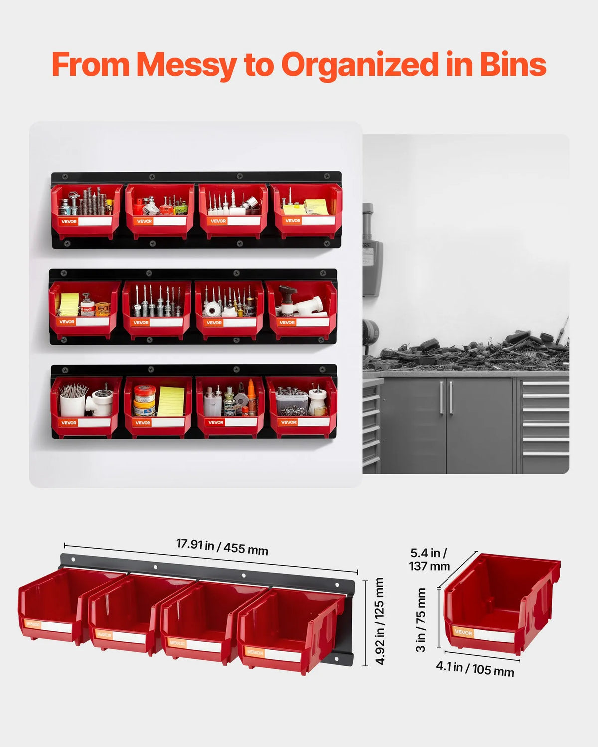 VEVOR Wall-Mounted Storage Box Set, 12 Plastic Boxes and 3 Metal Rails, Hanging and Stackable Boxes for Screws, Bolts, Nails and Equipment, Workshop and Garage, Red