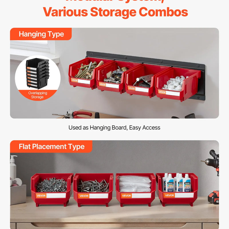 VEVOR sienas stiprināmo uzglabāšanas kastīšu komplekts, 12 plastmasas kastītes un 3 metāla sliedes, piekaramās un sakraujamās kastītes skrūvēm, uzgriežņiem, naglām un aprīkojumam, darbnīcai un garāžai, sarkans