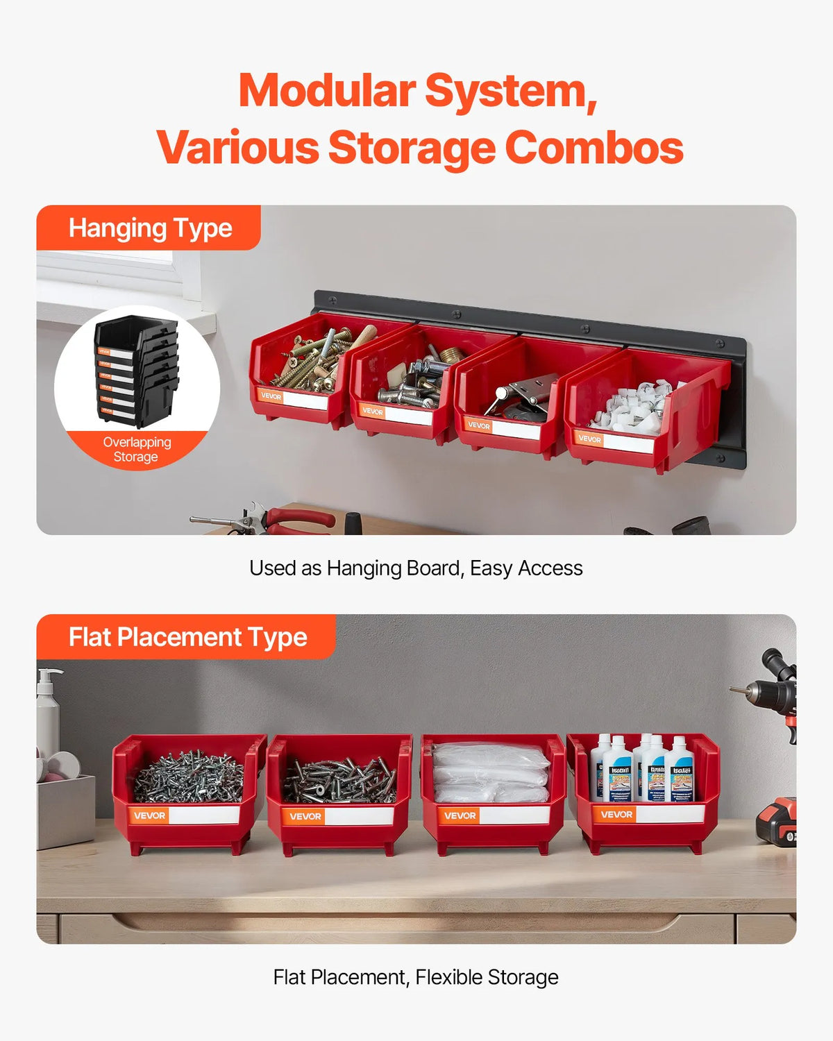 VEVOR Wall-Mounted Storage Box Set, 12 Plastic Boxes and 3 Metal Rails, Hanging and Stackable Boxes for Screws, Bolts, Nails and Equipment, Workshop and Garage, Red