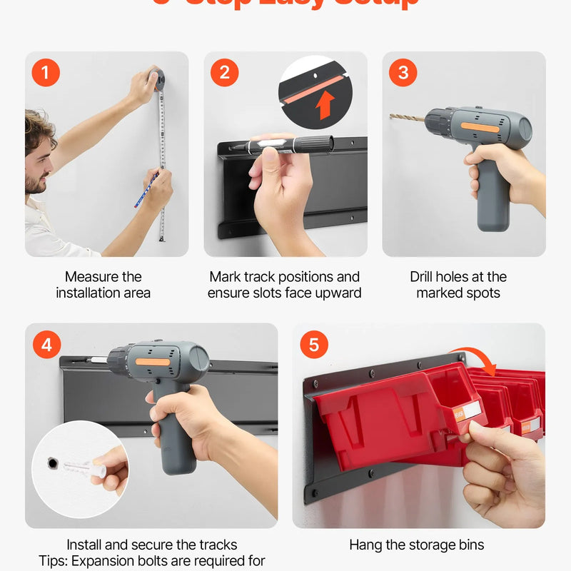 VEVOR sienas stiprināmo uzglabāšanas kastīšu komplekts, 12 plastmasas kastītes un 3 metāla sliedes, piekaramās un sakraujamās kastītes skrūvēm, uzgriežņiem, naglām un aprīkojumam, darbnīcai un garāžai, sarkans