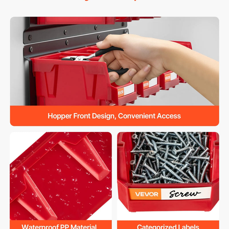 VEVOR sienas stiprināmo uzglabāšanas kastīšu komplekts, 12 plastmasas kastītes un 3 metāla sliedes, piekaramās un sakraujamās kastītes skrūvēm, uzgriežņiem, naglām un aprīkojumam, darbnīcai un garāžai, sarkans