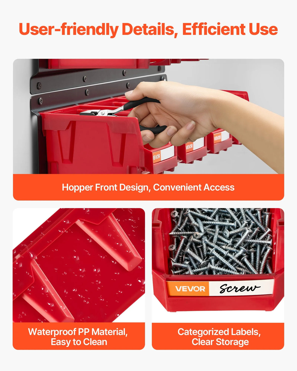 VEVOR Wall-Mounted Storage Box Set, 12 Plastic Boxes and 3 Metal Rails, Hanging and Stackable Boxes for Screws, Bolts, Nails and Equipment, Workshop and Garage, Red