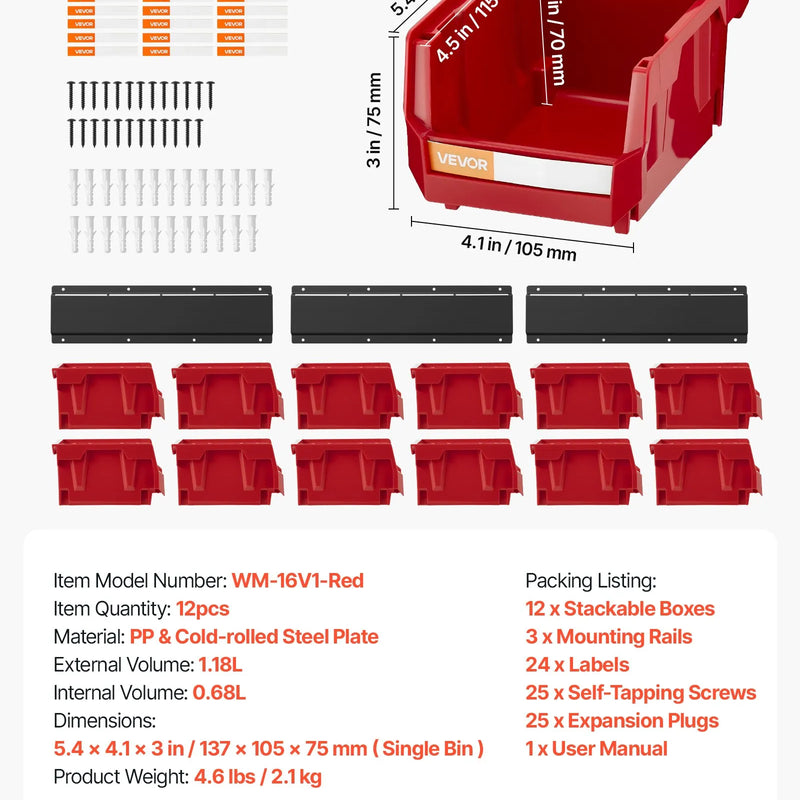 VEVOR sienas stiprināmo uzglabāšanas kastīšu komplekts, 12 plastmasas kastītes un 3 metāla sliedes, piekaramās un sakraujamās kastītes skrūvēm, uzgriežņiem, naglām un aprīkojumam, darbnīcai un garāžai, sarkans