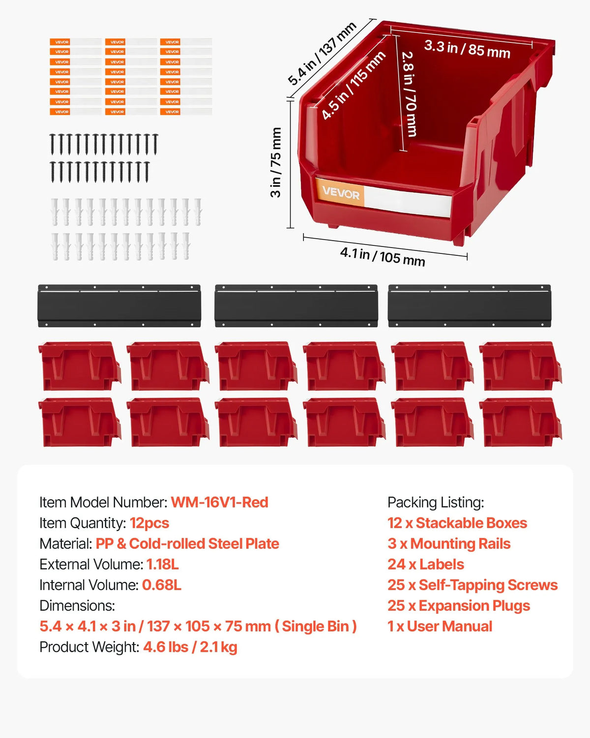 VEVOR Wall-Mounted Storage Box Set, 12 Plastic Boxes and 3 Metal Rails, Hanging and Stackable Boxes for Screws, Bolts, Nails and Equipment, Workshop and Garage, Red