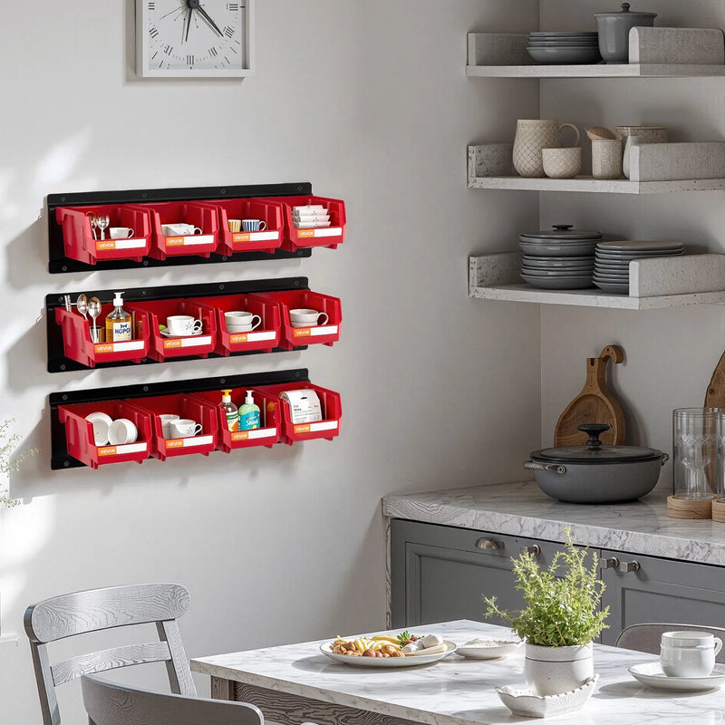 VEVOR sienas stiprināmo uzglabāšanas kastīšu komplekts, 12 plastmasas kastītes un 3 metāla sliedes, piekaramās un sakraujamās kastītes skrūvēm, uzgriežņiem, naglām un aprīkojumam, darbnīcai un garāžai, sarkans