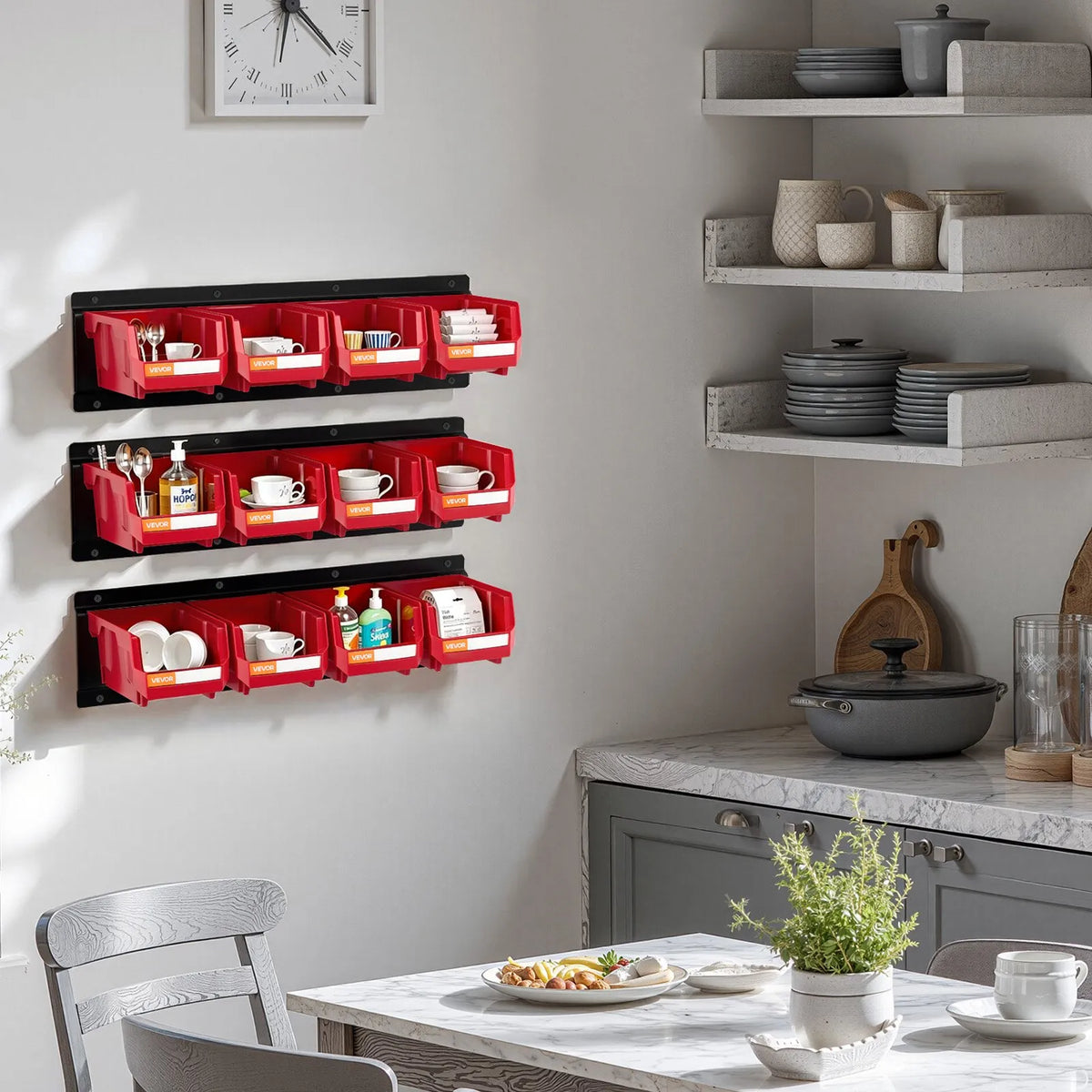 VEVOR Wall-Mounted Storage Box Set, 12 Plastic Boxes and 3 Metal Rails, Hanging and Stackable Boxes for Screws, Bolts, Nails and Equipment, Workshop and Garage, Red