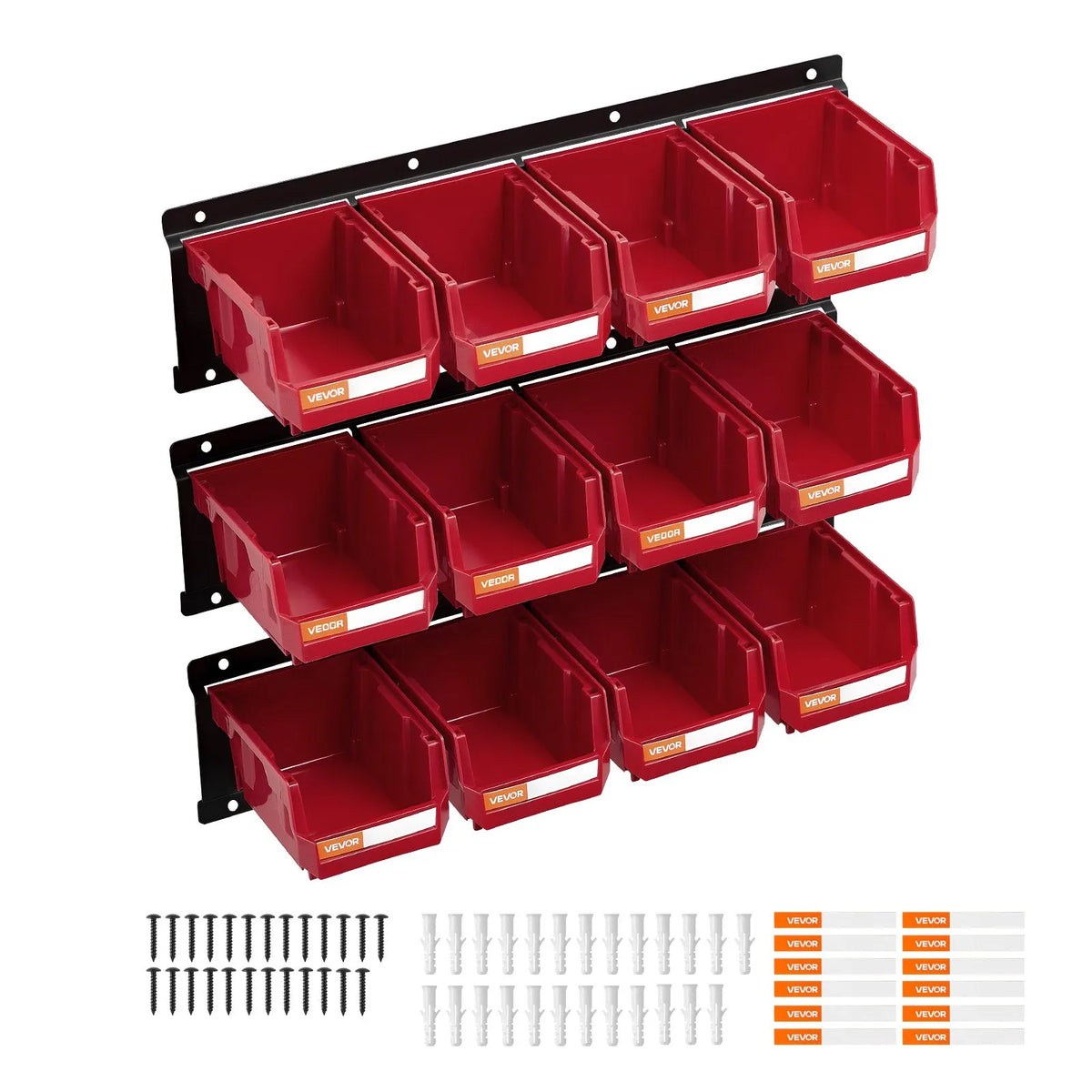 VEVOR Wall-Mounted Storage Box Set, 12 Plastic Boxes and 3 Metal Rails, Hanging and Stackable Boxes for Screws, Bolts, Nails and Equipment, Workshop and Garage, Red