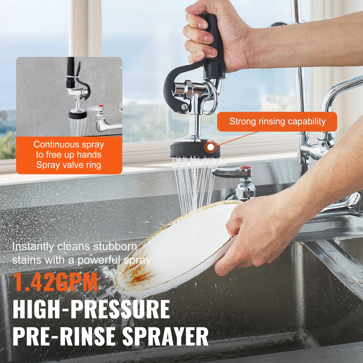 VEVOR Commercial Mixer Tap with Pre-rinse Sprayer, 63.5 cm, Wall-mounted, Brass
