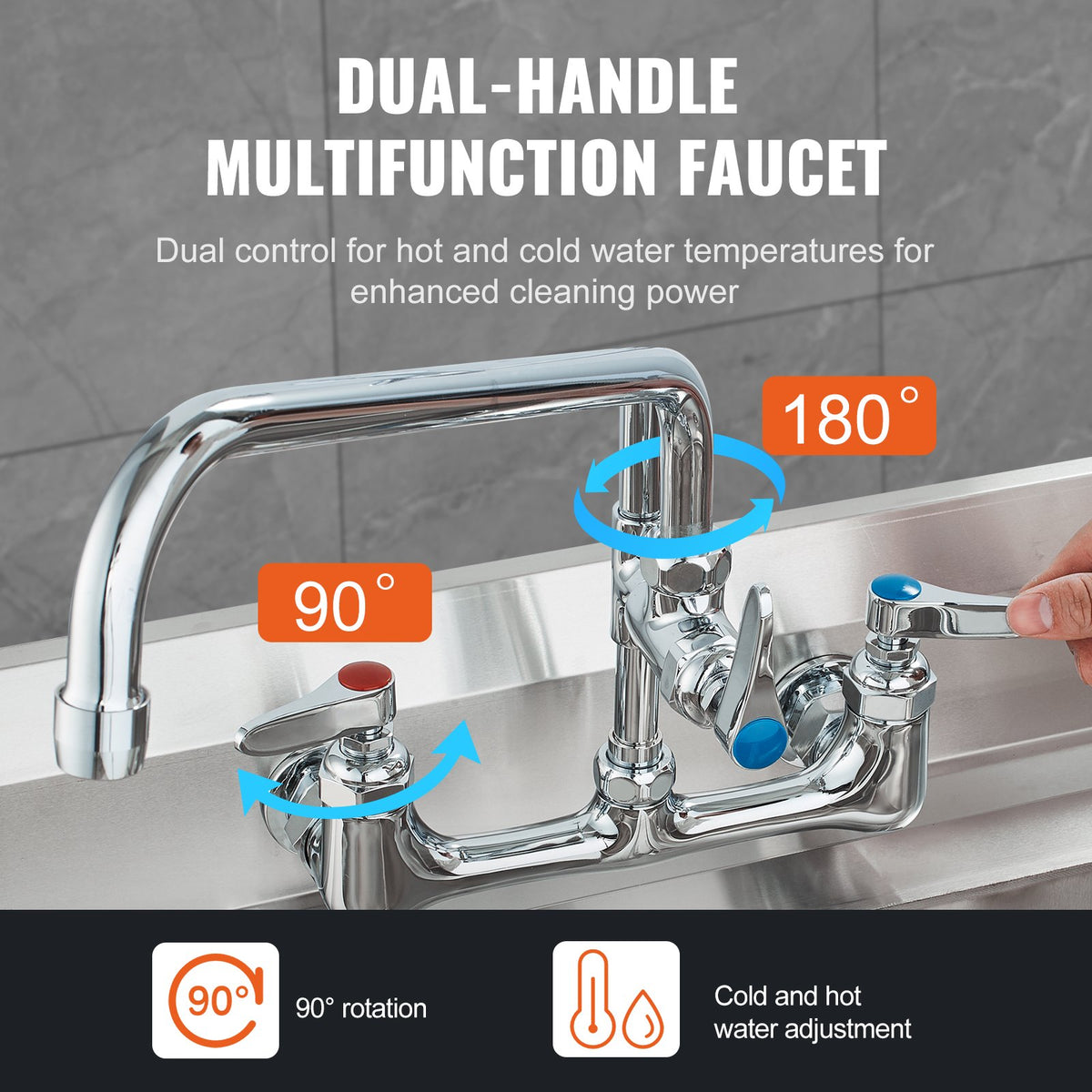 VEVOR Commercial Mixer Tap with Pre-rinse Sprayer, 63.5 cm, Wall-mounted, Brass