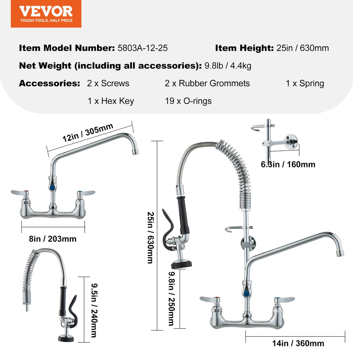 VEVOR Commercial Mixer Tap with Pre-rinse Sprayer, 63.5 cm, Wall-mounted, Brass