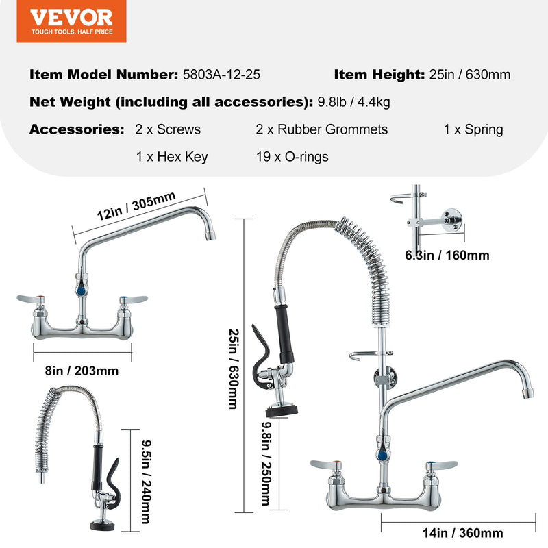 VEVOR komerciālais jaucējkrāns ar iepriekšējo skalošanas smidzinātāju, 63,5 cm augsts, 20,3 cm centrs, 30,5 cm pagriežams izsistējs, pie sienas montējams, misiņa konstrukcija