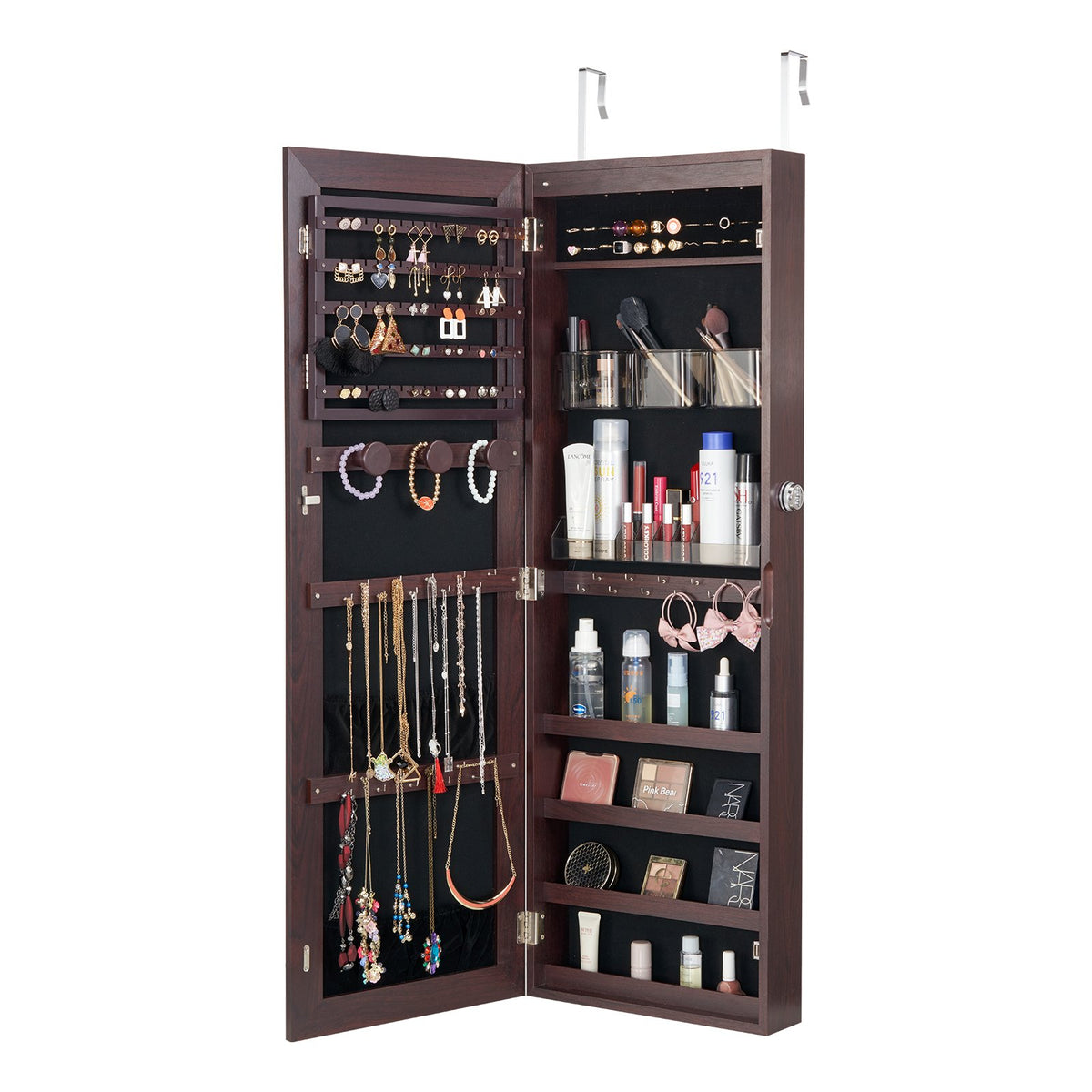 VEVOR 2-in-1 spoguļu rotaslietu skapītis - 108 cm, slēdzams, piekarināms pie sienas vai durvīm, brūns