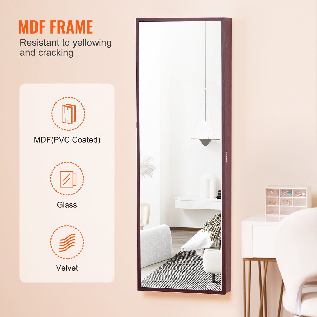 VEVOR 2-in-1 spoguļu rotaslietu skapītis - 108 cm, slēdzams, piekarināms pie sienas vai durvīm, brūns