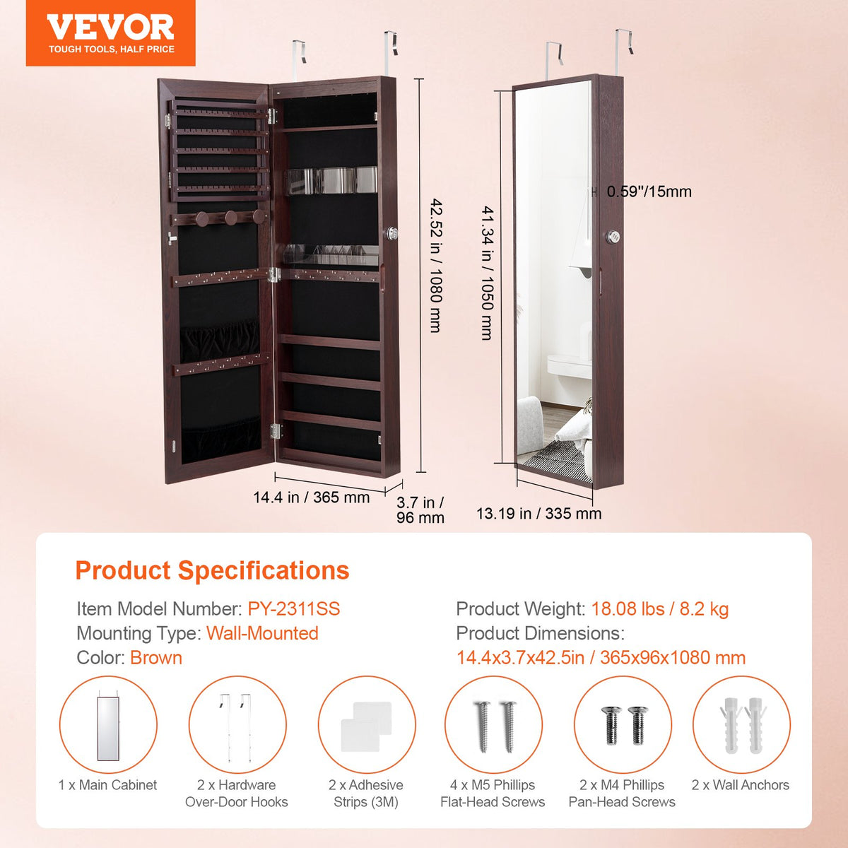 VEVOR 2-in-1 spoguļu rotaslietu skapītis - 108 cm, slēdzams, piekarināms pie sienas vai durvīm, brūns