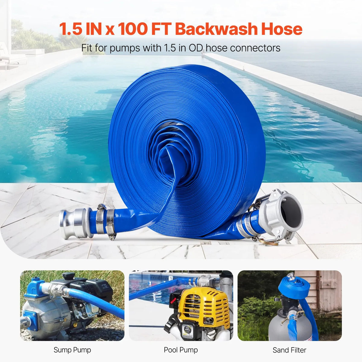 VEVOR Discharge Hose, 38 mm × 30.5 m, High-Quality Blue PVC Hose with Clamps, Camlock Couplings and Aluminium Fittings, Suitable for Various Pumps for Wastewater Treatment, Water Transfer and Agriculture