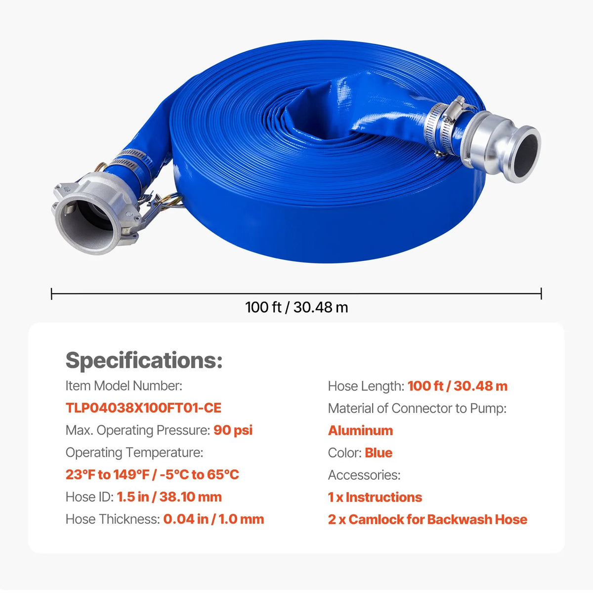 VEVOR Discharge Hose, 38 mm × 30.5 m, High-Quality Blue PVC Hose with Clamps, Camlock Couplings and Aluminium Fittings, Suitable for Various Pumps for Wastewater Treatment, Water Transfer and Agriculture