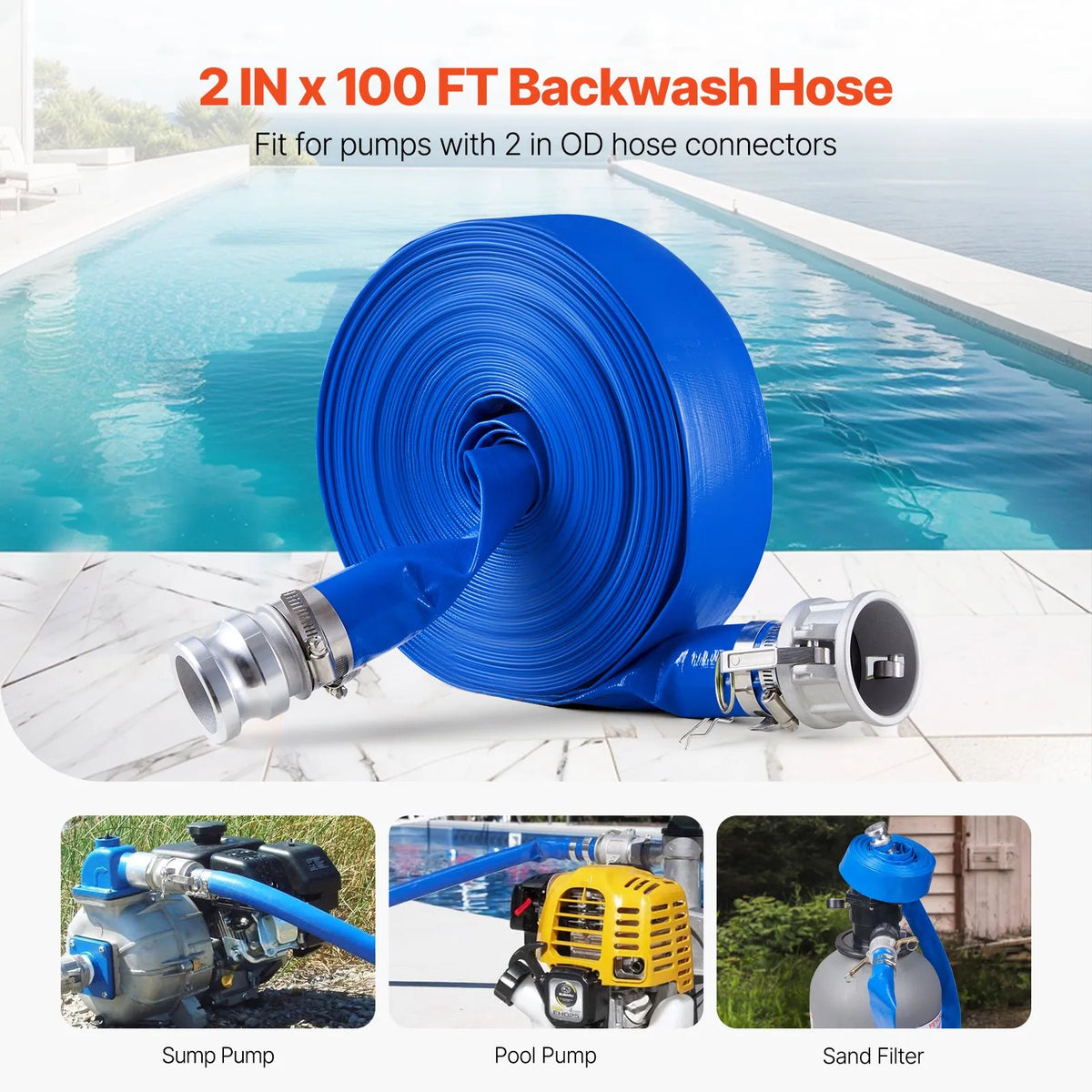 VEVOR Discharge Hose, 51 mm × 30.5 m, High-Quality PVC Hose with Clamps, Camlock Couplings and Aluminium Fittings, Suitable for Various Pumps, Wastewater Treatment, Water Transfer and Agricultural Work
