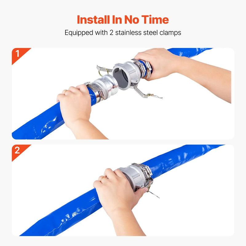 VEVOR skalošanas šļūtene, 51 mm × 30,5 m, augstas kvalitātes PVC šļūtene ar skavām, camlock savienojumu un alumīnija veidgabaliem, piemērota dažādiem sūkņiem, notekūdeņu apstrādei, ūdens pārsūknēšanai un lauksaimniecības darbiem