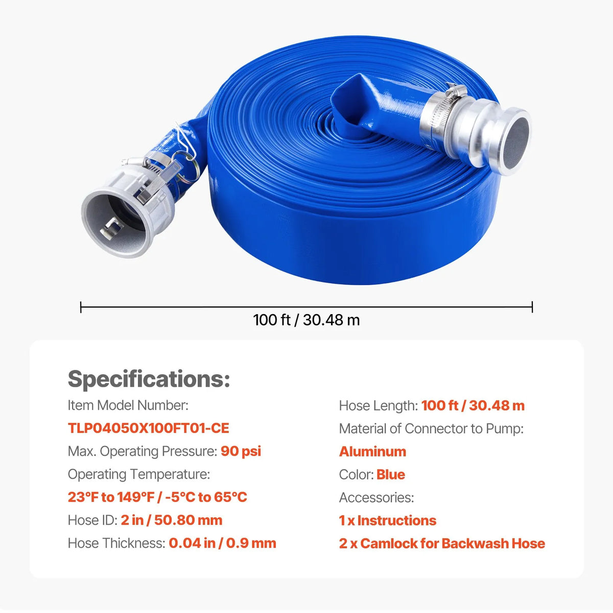 VEVOR Discharge Hose, 51 mm × 30.5 m, High-Quality PVC Hose with Clamps, Camlock Couplings and Aluminium Fittings, Suitable for Various Pumps, Wastewater Treatment, Water Transfer and Agricultural Work