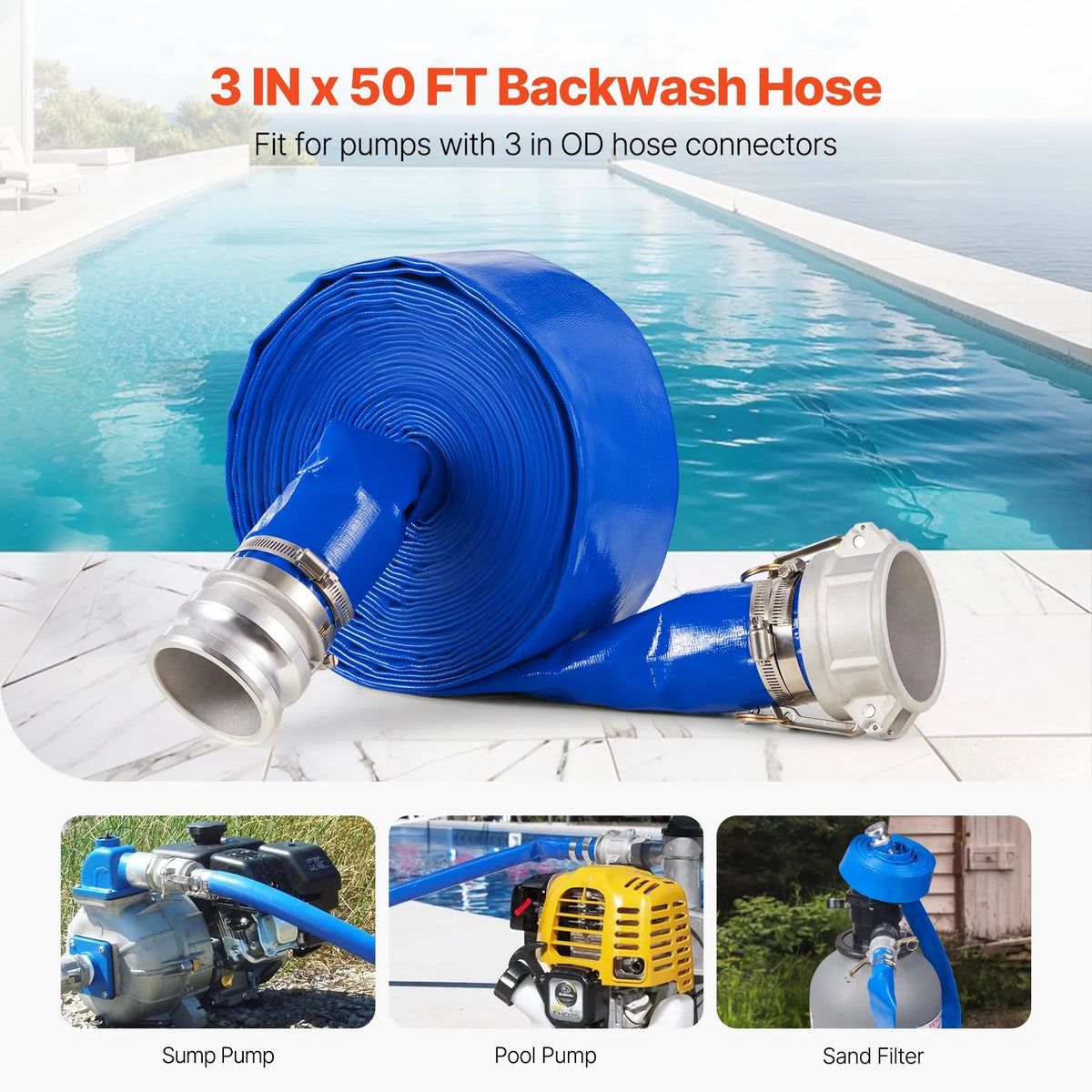 VEVOR Discharge Hose, 76 mm × 15.2 m, High-Quality Blue PVC Hose with Clamps, Camlock Couplings and Aluminium Fittings, Suitable for Various Pumps for Wastewater Treatment, Water Transfer and Agricultural Work
