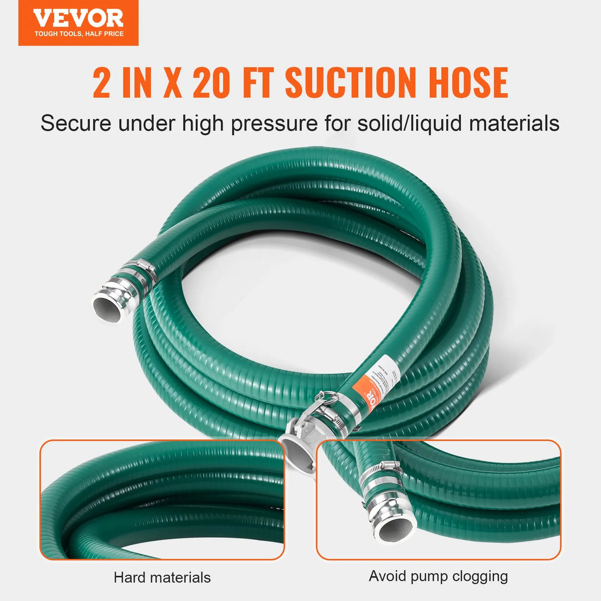 VEVOR Suction Hose, 51 mm × 6.1 m, High-Quality Green Hose with Camlock Couplings and Aluminium Fittings, Suitable for Various Pumps for Wastewater Treatment, Water Transfer and Agriculture