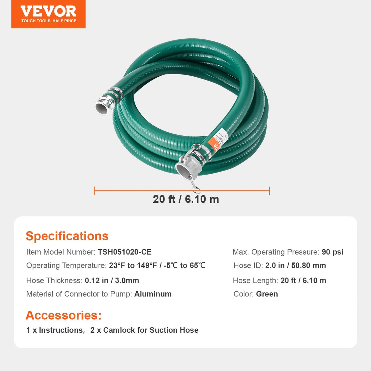 VEVOR Suction Hose, 51 mm × 6.1 m, High-Quality Green Hose with Camlock Couplings and Aluminium Fittings, Suitable for Various Pumps for Wastewater Treatment, Water Transfer and Agriculture