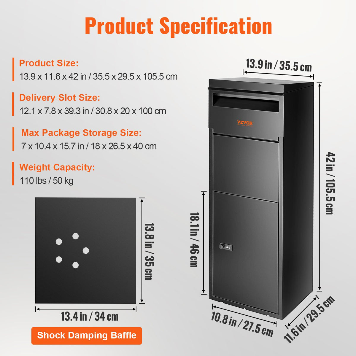 VEVOR Outdoor Parcel Delivery Box with Coded Lock, Anti-Theft Barrier and IPX3 Water Resistance, 35.3 x 29.5 x 106.7 cm