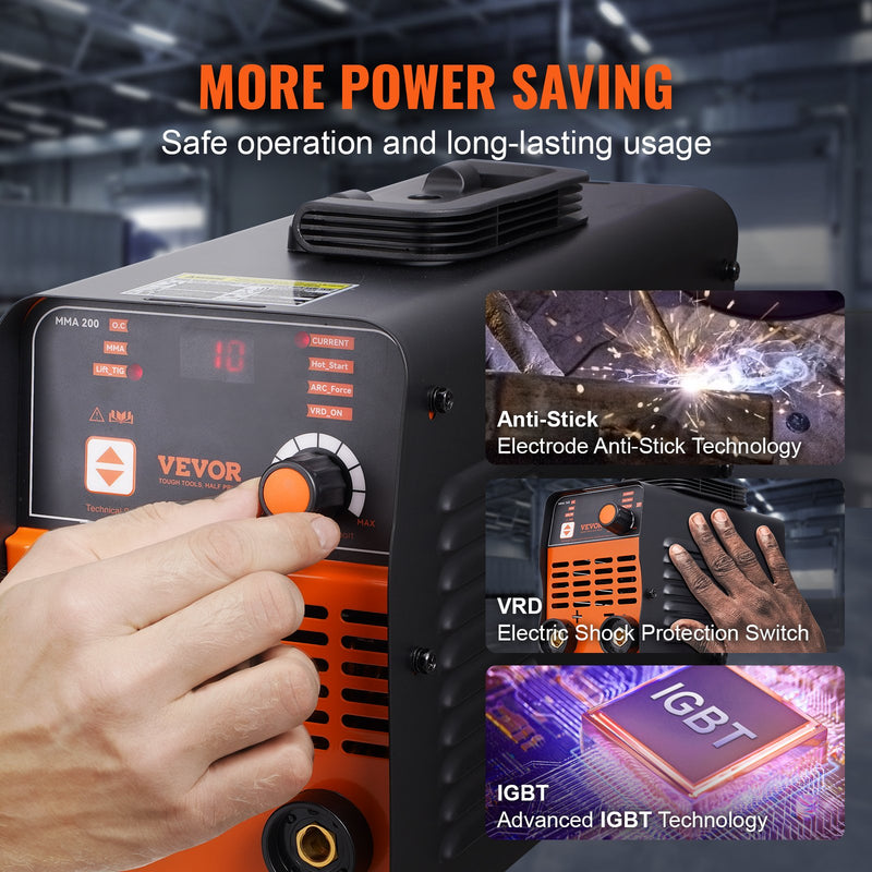 VEVOR ARC elektrodu metināšanas aparāts 220 V 200 A 2-in-1 ar Lift TIG funkciju un karsto startu