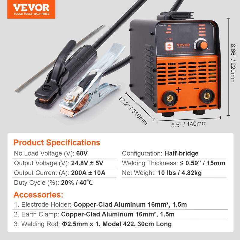 VEVOR ARC elektrodu metināšanas aparāts 220 V 200 A 2-in-1 ar Lift TIG funkciju un karsto startu