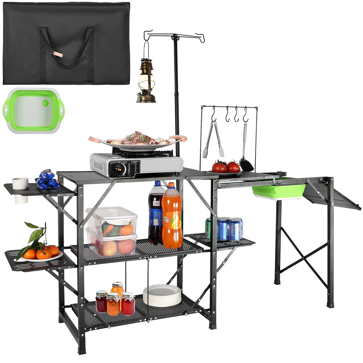VEVOR Camping Kitchen Table – Single-Piece Foldable Portable Cooking Station with Carry Bag, 3 Side Tables, 2 Shelves and Removable Sink – for Outdoor Picnics, BBQ and More