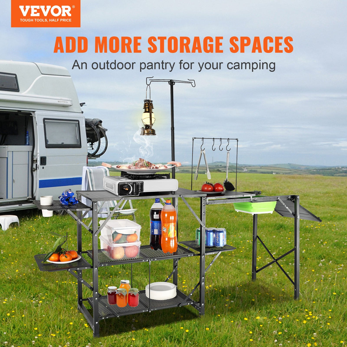 VEVOR Camping Kitchen Table – Single-Piece Foldable Portable Cooking Station with Carry Bag, 3 Side Tables, 2 Shelves and Removable Sink – for Outdoor Picnics, BBQ and More
