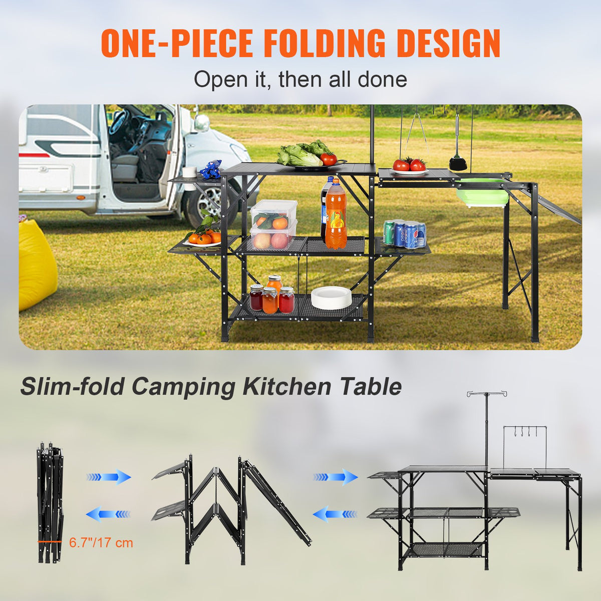 VEVOR Camping Kitchen Table – Single-Piece Foldable Portable Cooking Station with Carry Bag, 3 Side Tables, 2 Shelves and Removable Sink – for Outdoor Picnics, BBQ and More