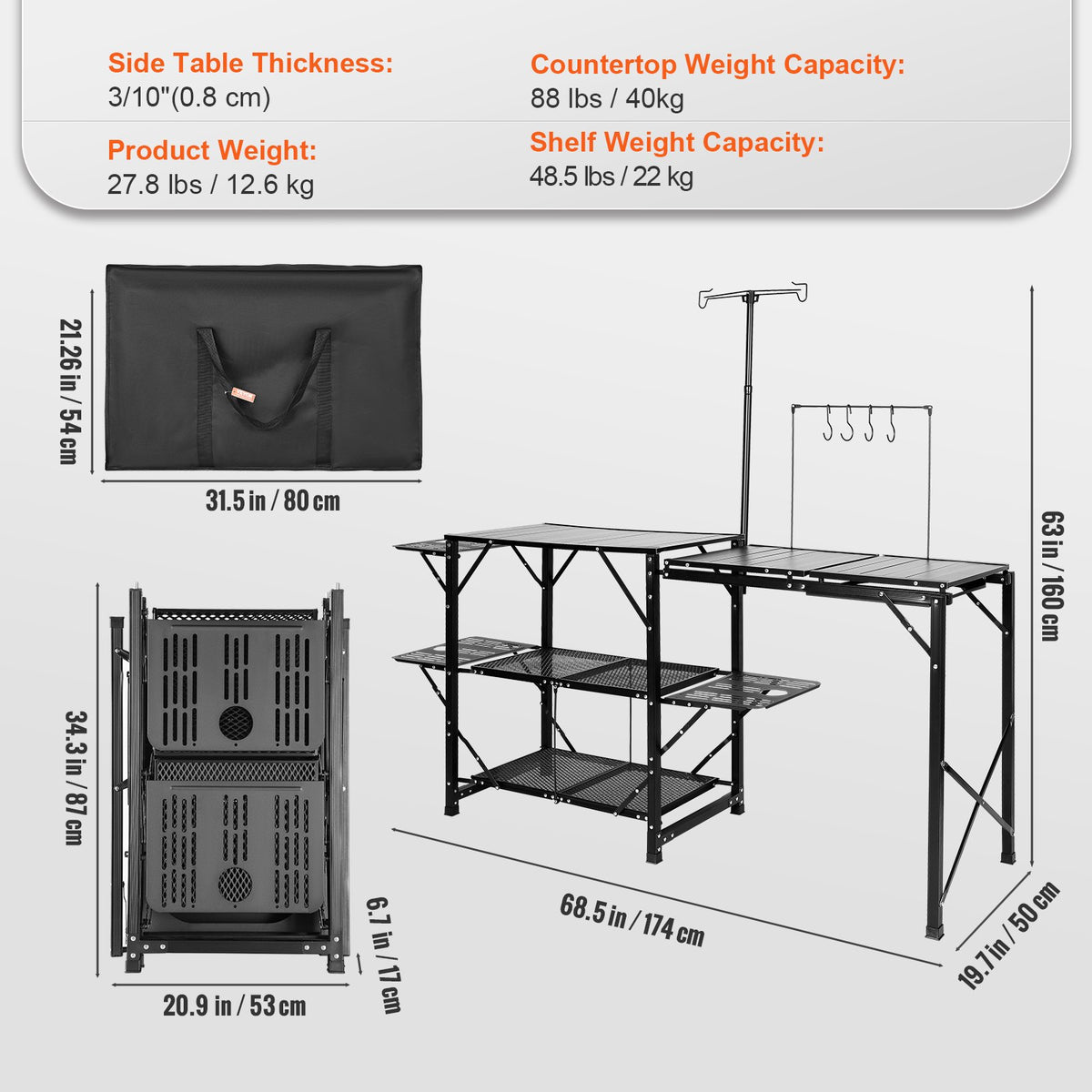 VEVOR Camping Kitchen Table – Single-Piece Foldable Portable Cooking Station with Carry Bag, 3 Side Tables, 2 Shelves and Removable Sink – for Outdoor Picnics, BBQ and More