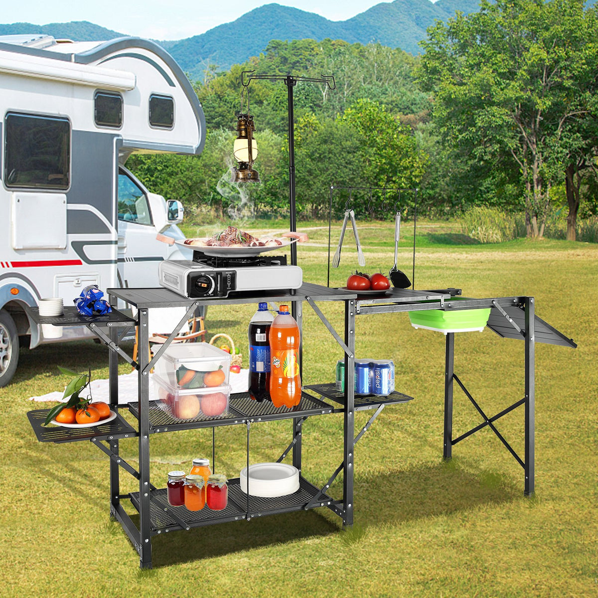 VEVOR Camping Kitchen Table – Single-Piece Foldable Portable Cooking Station with Carry Bag, 3 Side Tables, 2 Shelves and Removable Sink – for Outdoor Picnics, BBQ and More