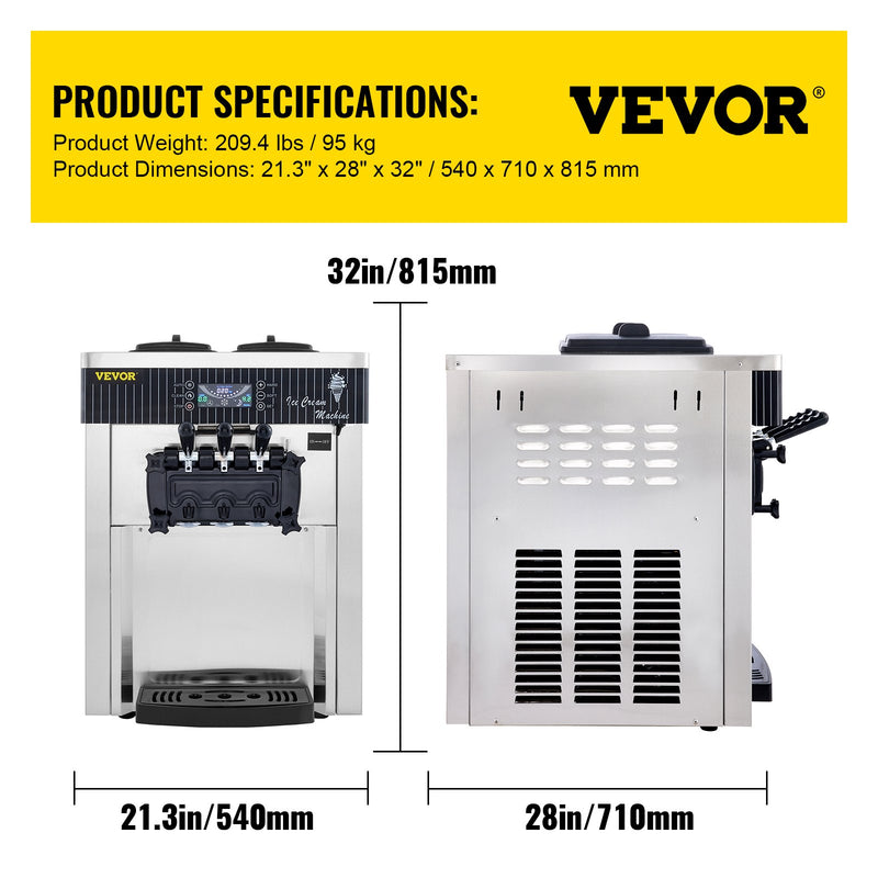 VEVOR 2200W Komerciālā Mīkstā Saldējuma Mašīna, 20-28 L/h, Galda Modelis, Piemērota Restorāniem, Bāriem, Kafejnīcām, Maiznīcām