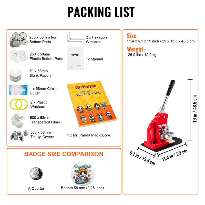 VEVOR Pogas Izgatavošanas mašīna 58 mm , pogu spiešanas komplekts bērnu DIY Dāvanas, Pogas Izgatavošanas Piederumi ar 500 pogu detaļām, apļveida griezēju un burvju grāmatu