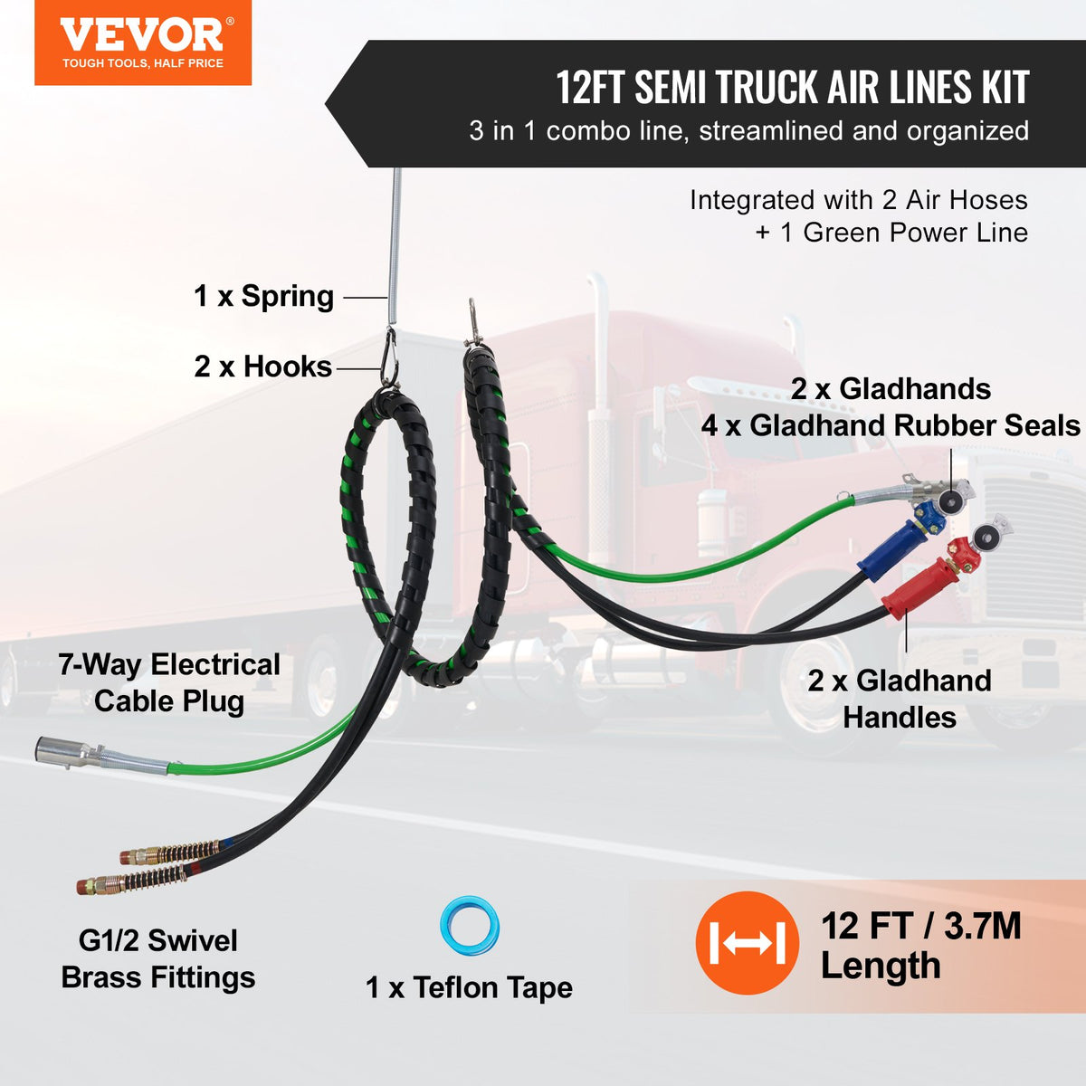VEVOR 3.7 m 3-in-1 Pneumatic Hose Kit for Trucks with Quick Couplers and Electrical Cable