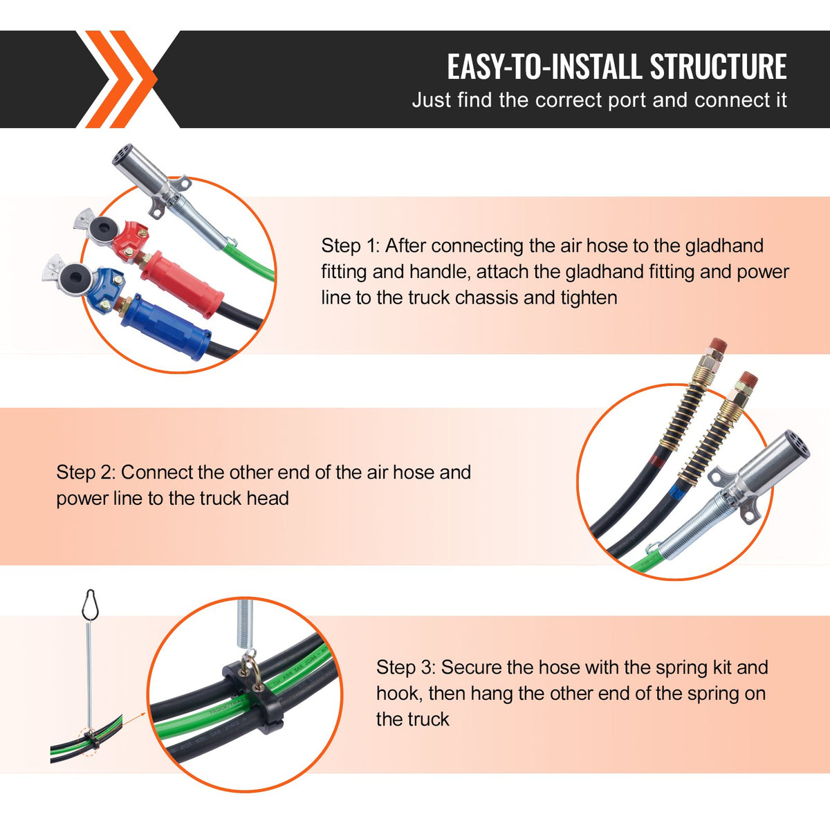 VEVOR 3.7 m 3-in-1 Pneumatic Hose Kit for Trucks with Quick Couplers and Electrical Cable