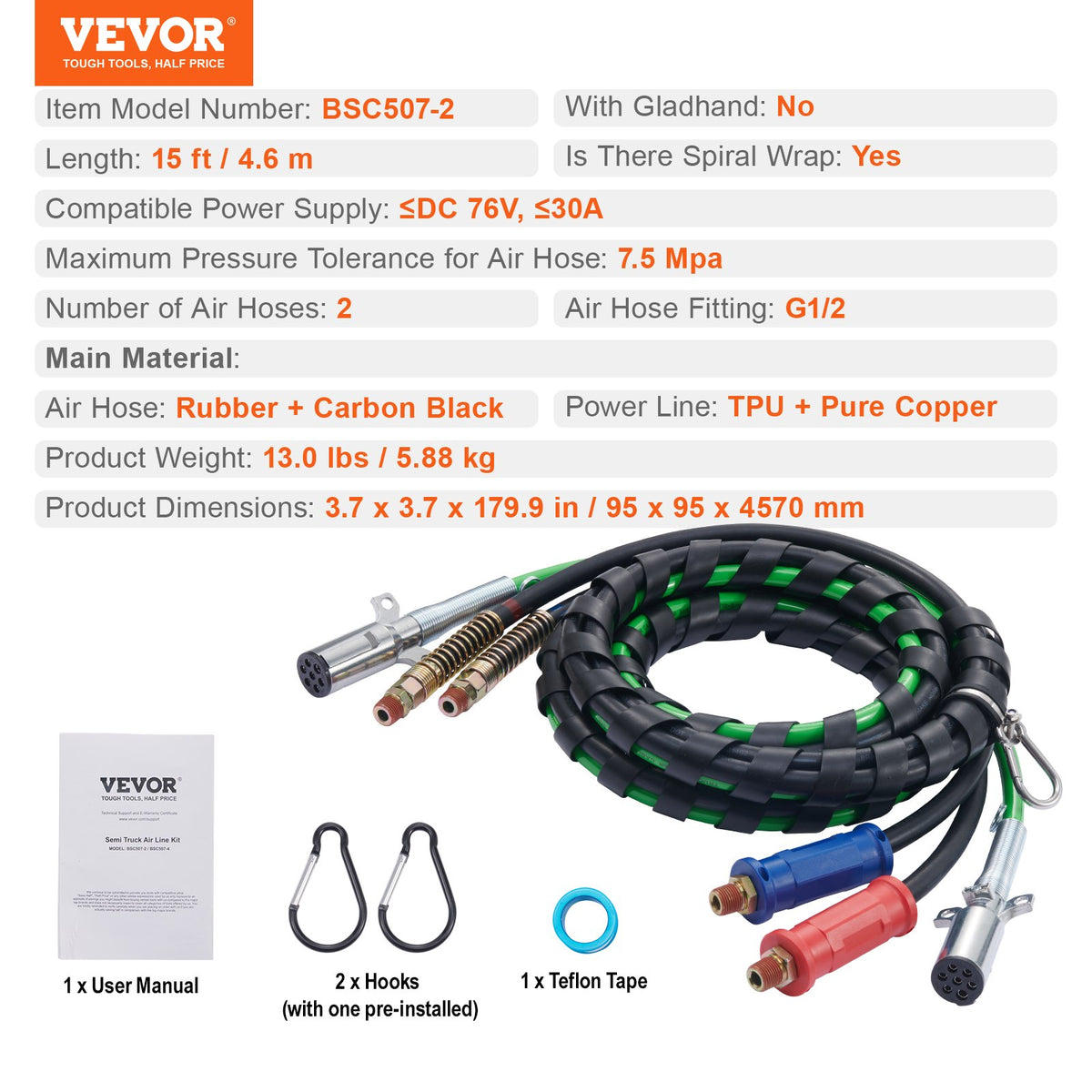 VEVOR 4,6 m 3-in-1 pneimatisko vadu komplekts kravas automašīnām ar 7 kontaktu ABS strāvas vadu