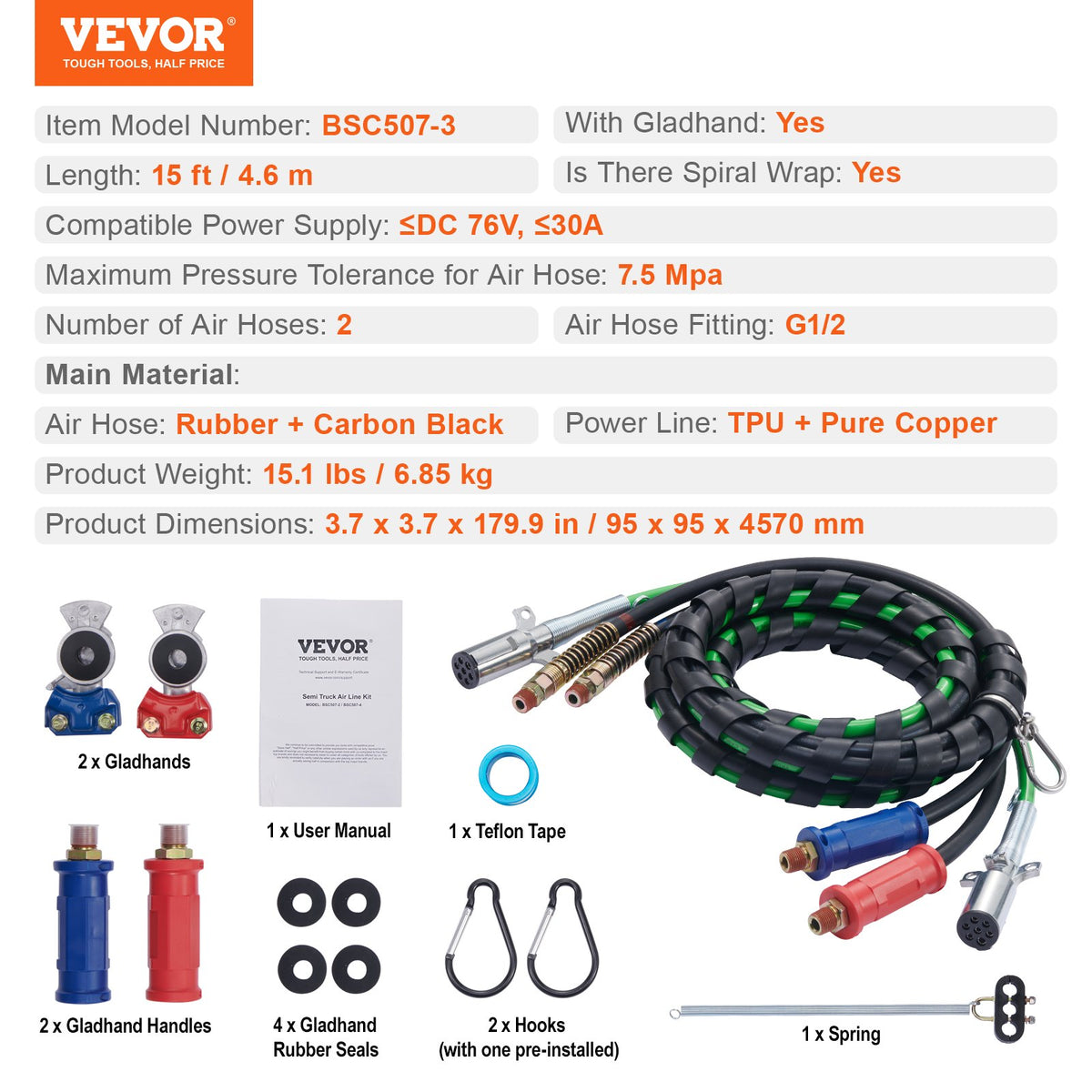 VEVOR 4.6 m 3-in-1 Pneumatic Hose Kit for Trucks with 2 Quick Couplers and Handles