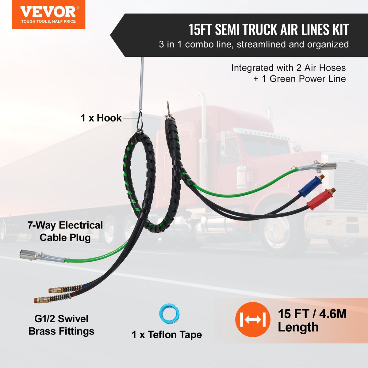 VEVOR 12 ft 3-in-1 Pneumatic Hose Kit for Trucks with 7-Pin ABS Power Cable