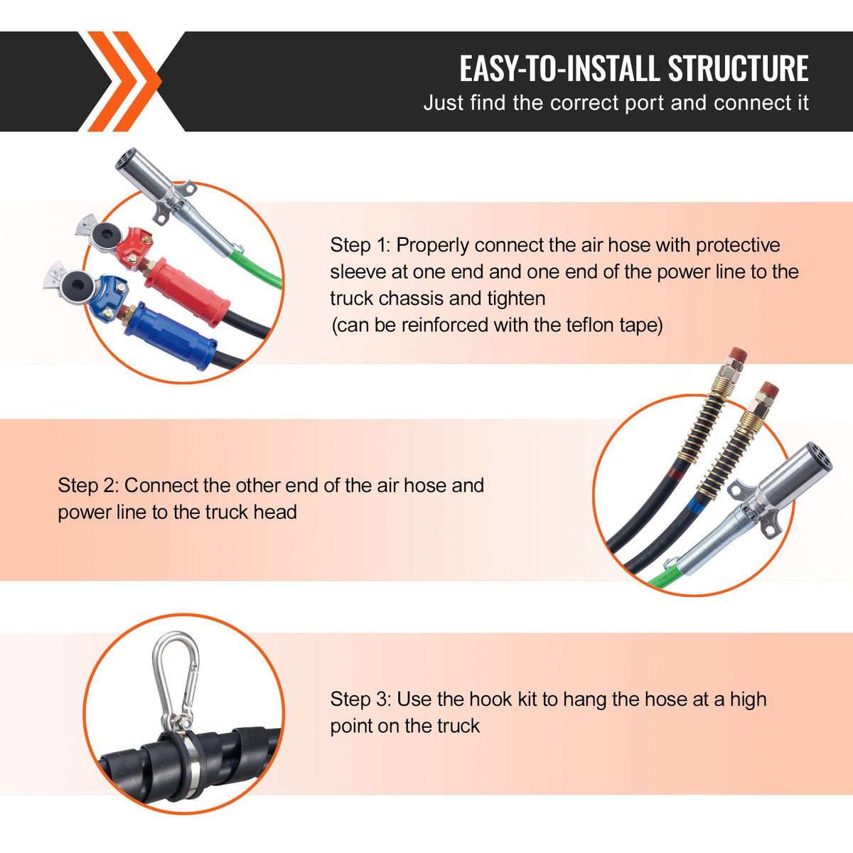 VEVOR 12 ft 3-in-1 Pneumatic Hose Kit for Trucks with 7-Pin ABS Power Cable