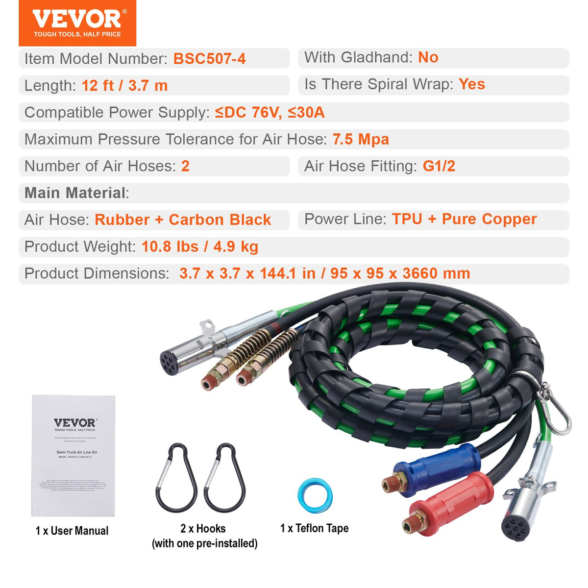 VEVOR 12 ft 3-in-1 Pneumatic Hose Kit for Trucks with 7-Pin ABS Power Cable
