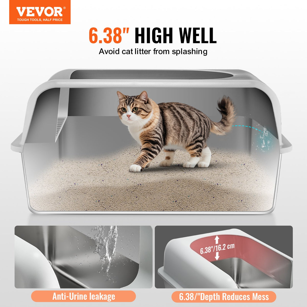 VEVOR Extra Large Stainless Steel Cat Litter Box with Filtering Step and Scoop, 15 cm Deep