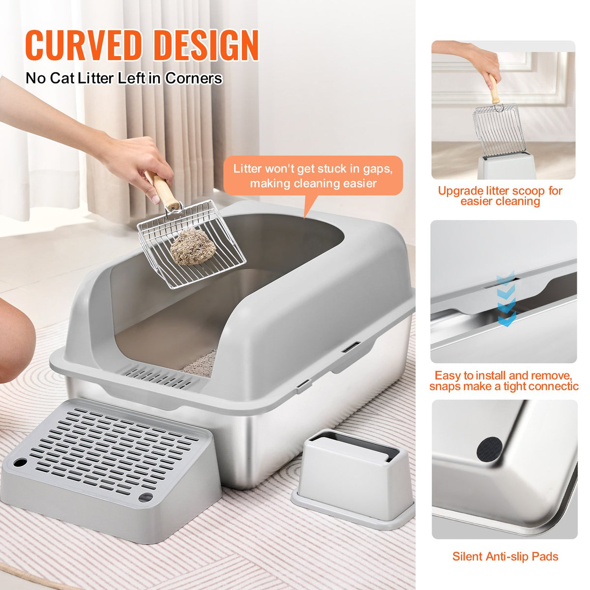 VEVOR Extra Large Stainless Steel Cat Litter Box with Filtering Step and Scoop, 15 cm Deep