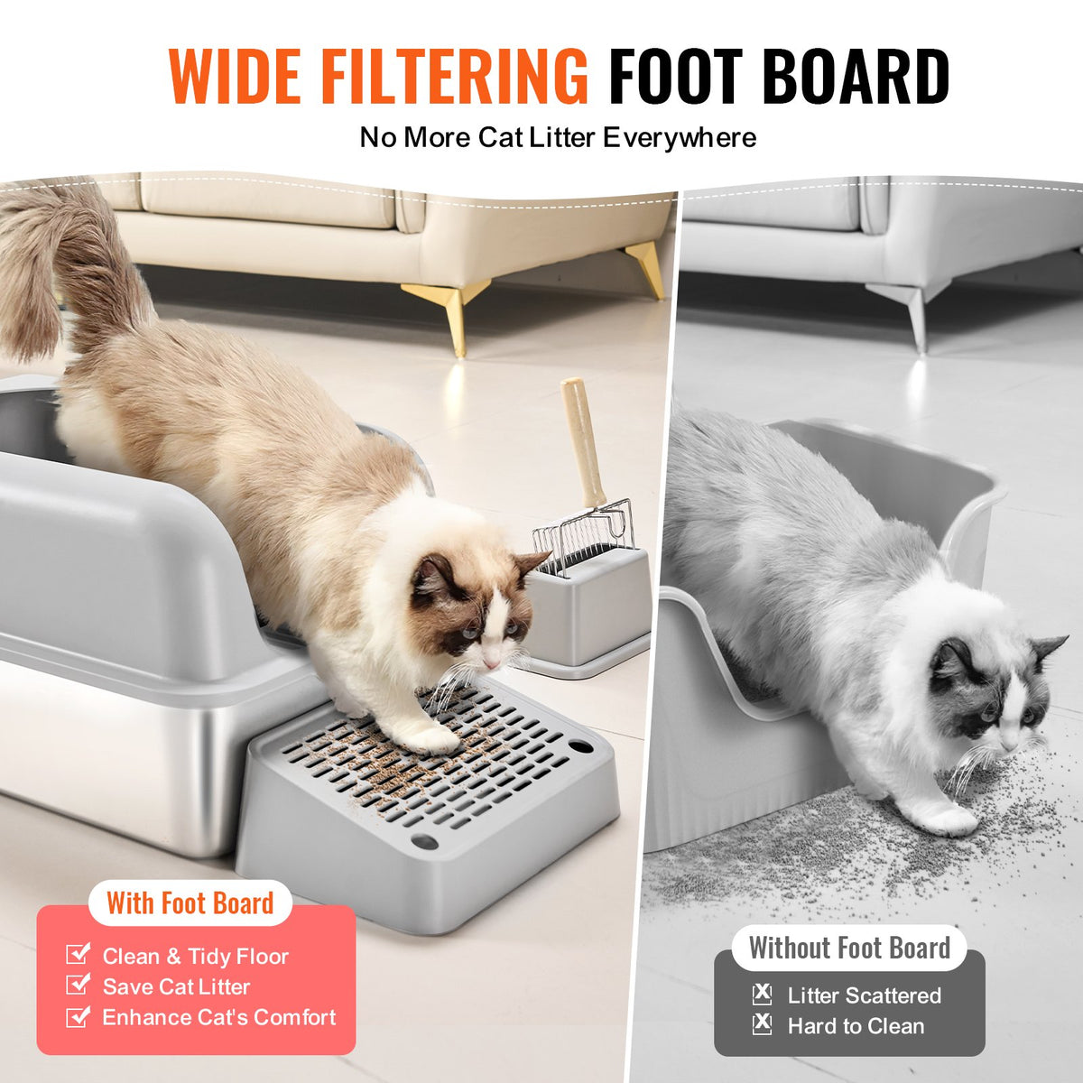 VEVOR Extra Large Stainless Steel Cat Litter Box with Filtering Step and Scoop, 15 cm Deep