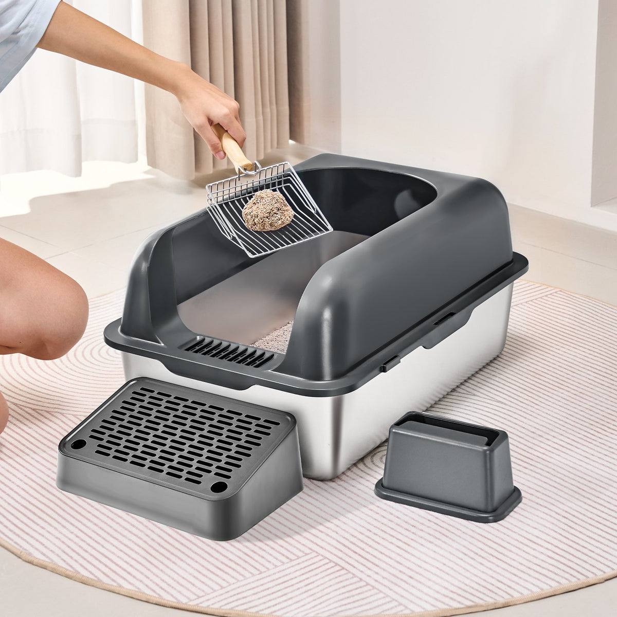VEVOR nerūsējošā tērauda kaķu tualete ar filtrējošu pakāpienu, 15 cm dziļa