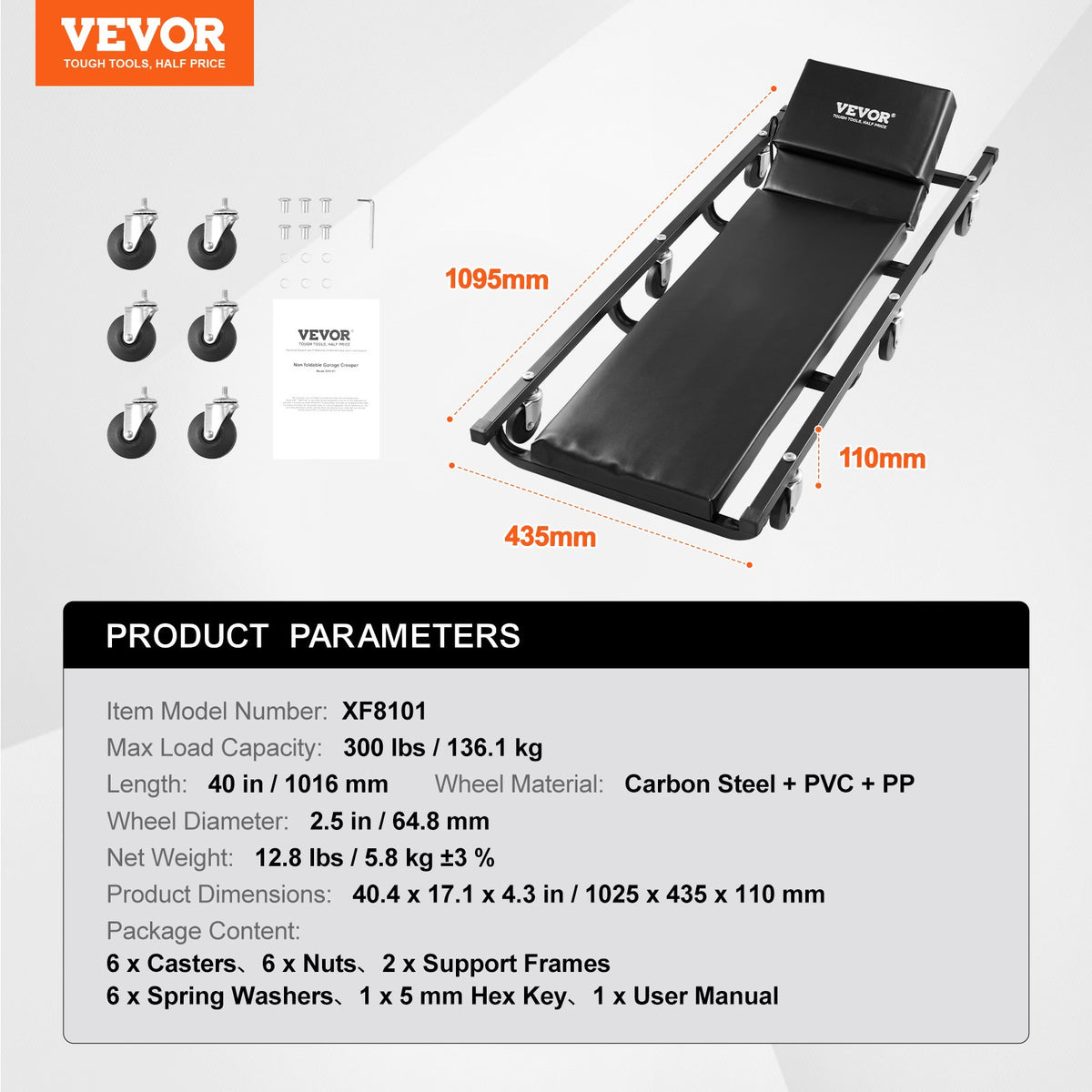 VEVOR mehāniķa rāpuļkrēsls 102 cm, 136 kg