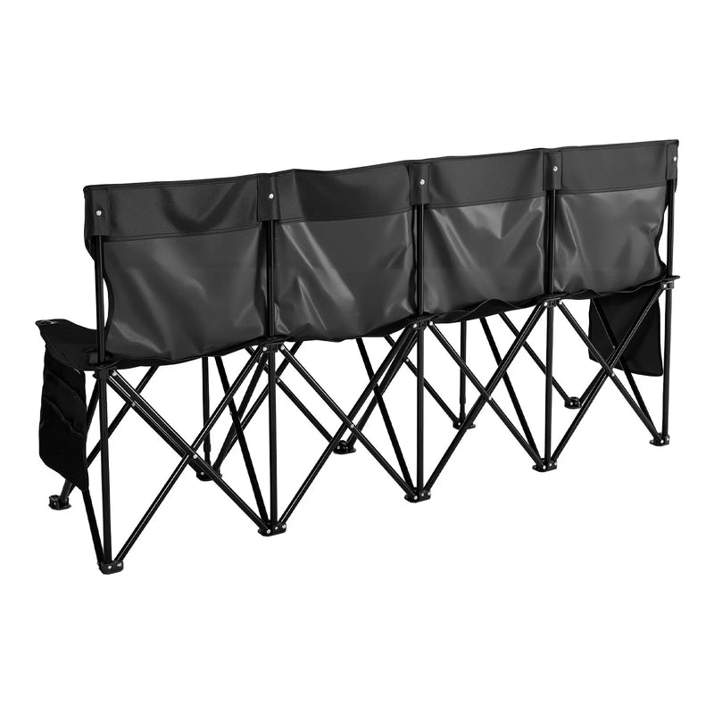 VEVOR pārnēsājams salokāms soliņš 4 personām ar atzveltni, futbola komandas rezerves soliņš ar sānu kabatām un pārnēsāšanas somu, viegls sēdvietu risinājums sportam, kempingam un āra pasākumiem, melns